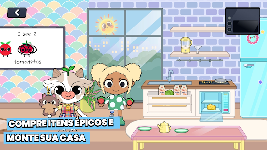 Cena da casa com itens interativos e elementos de loja em Gota Buddies: Numbers