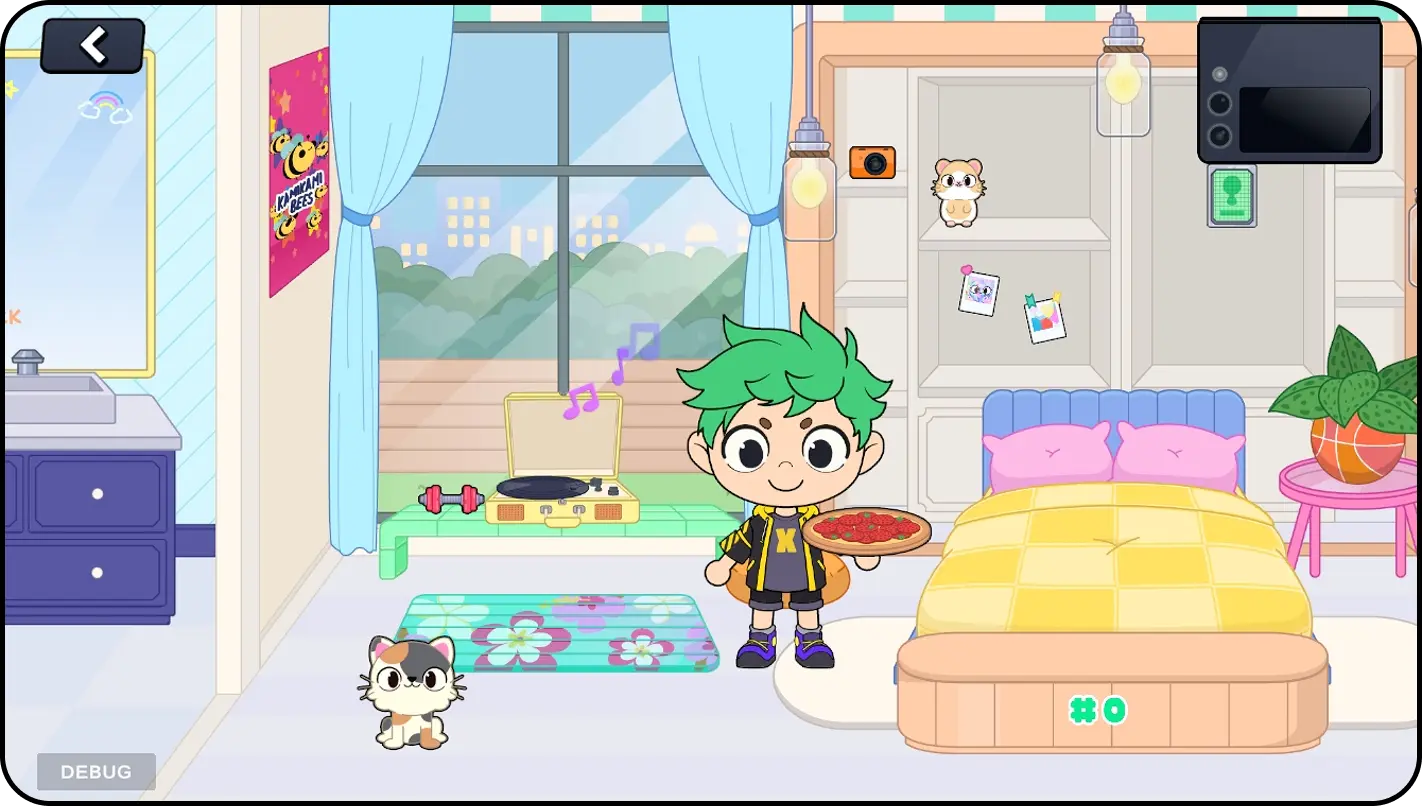 Cena do quarto com personagem, pet e objetos interativos em Gota Buddies: Numbers