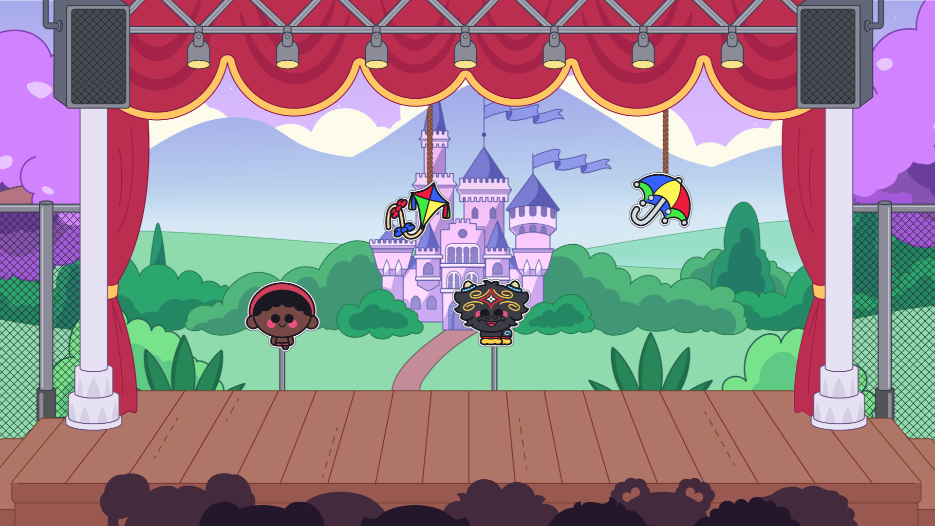 Minigame de painel sonoro com palco temático em Meu Joguinho