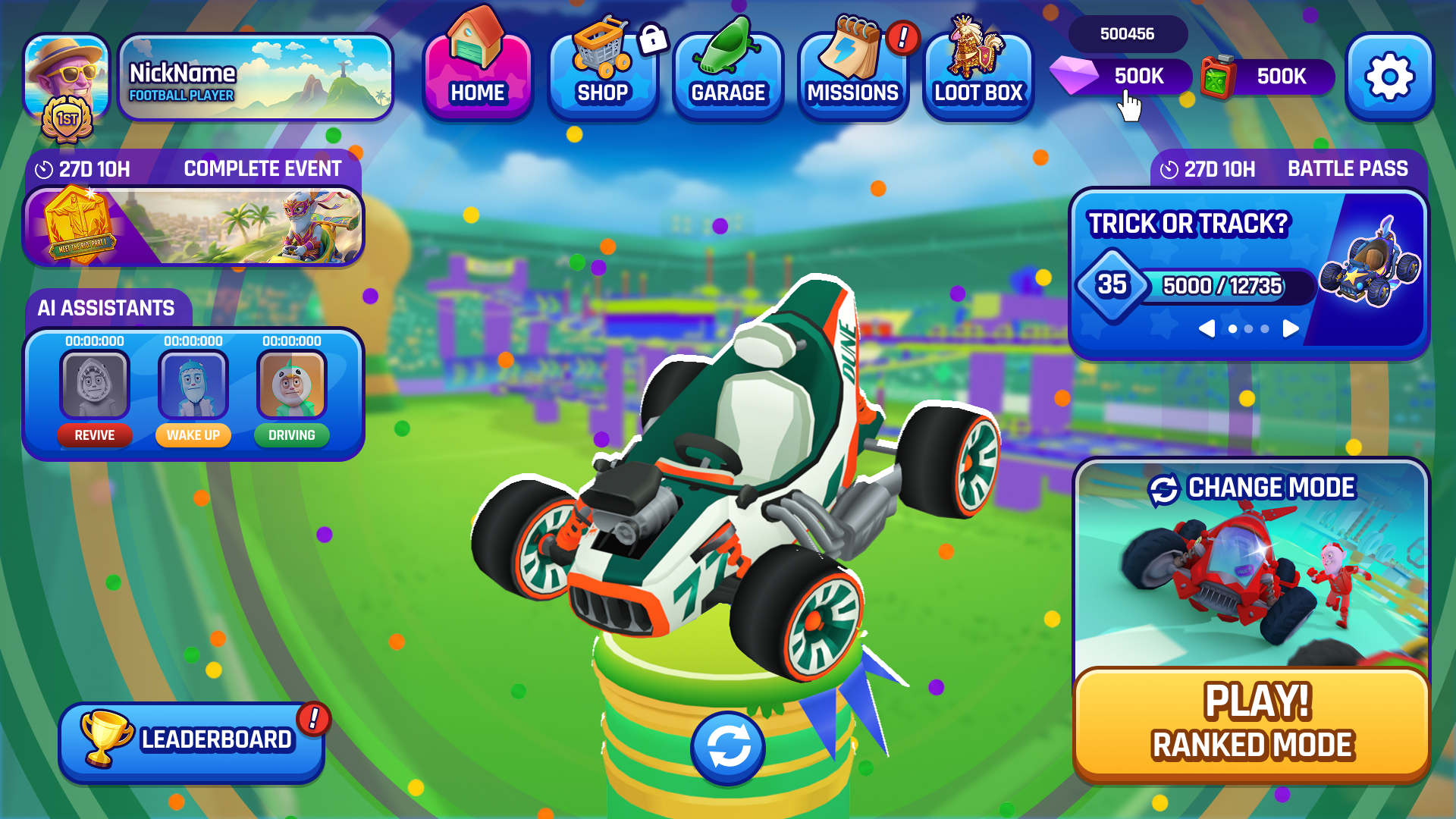 Tela inicial de Moody Madness com kart, menus e Battle Pass