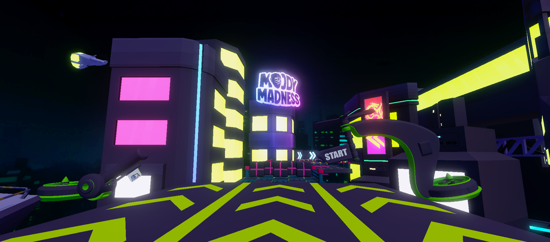 Pista noturna de Moody Madness com prédios e iluminação neon